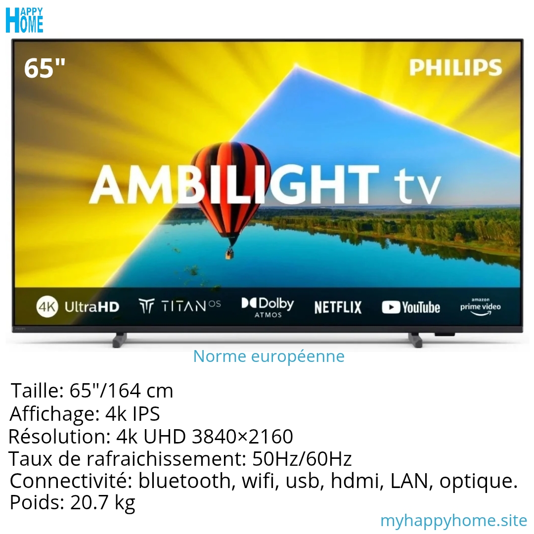 Tv Phls 65 pcs 00 Smart Tv PHILIPS Ambilight 65PUS8079/12 - 65 pouces - 4K UHD - conforme aux normes européennes