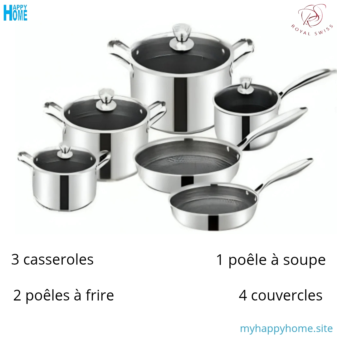 Set 10 pcs csrle poel inox abeille 06 Set casseroles et poêles 10 pièces ROYAL SWISS - en nid d'abeille - conforme aux normes européennes