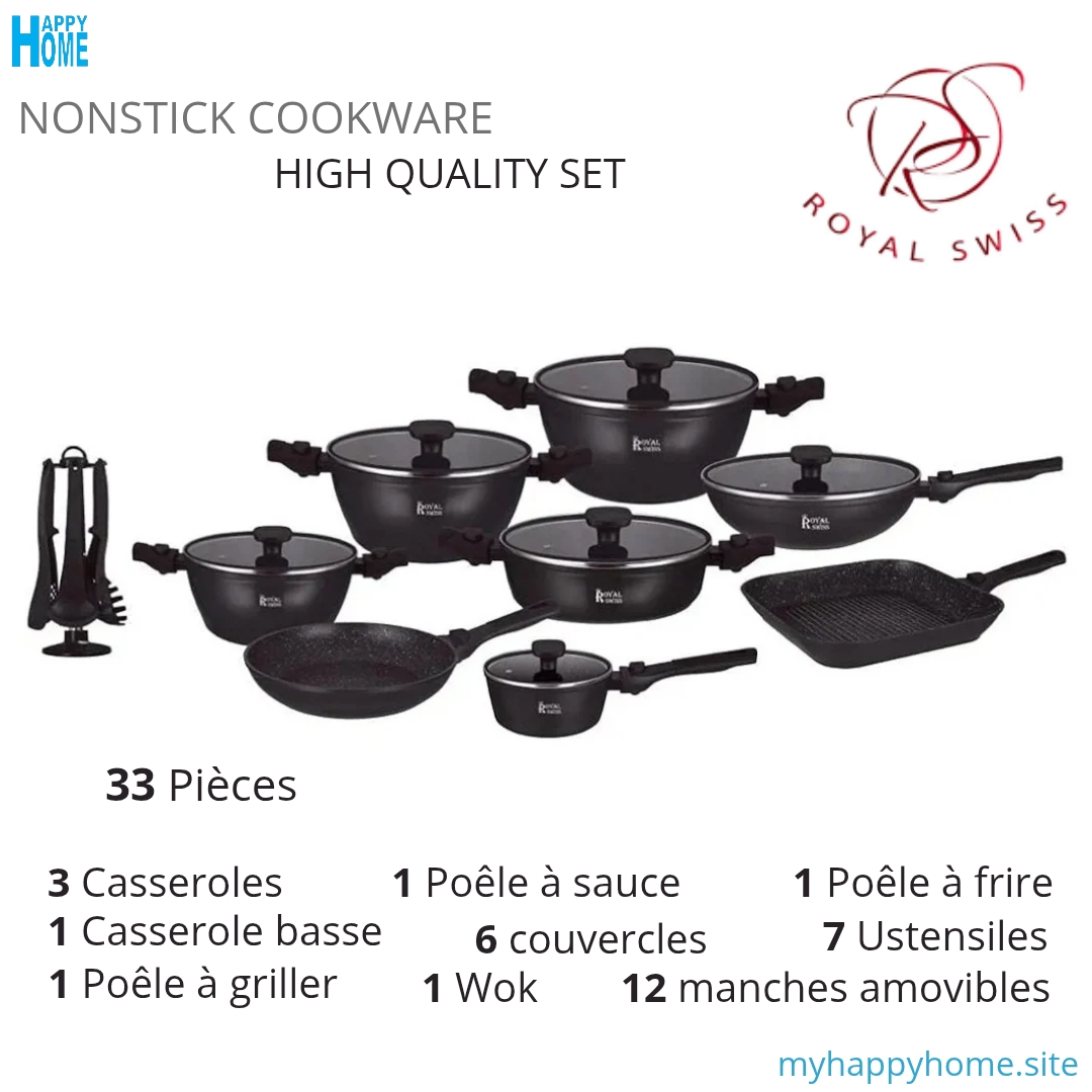 Set casseroles 33 pièces ROYAL SWISS - manche amovible - conforme aux normes européennes