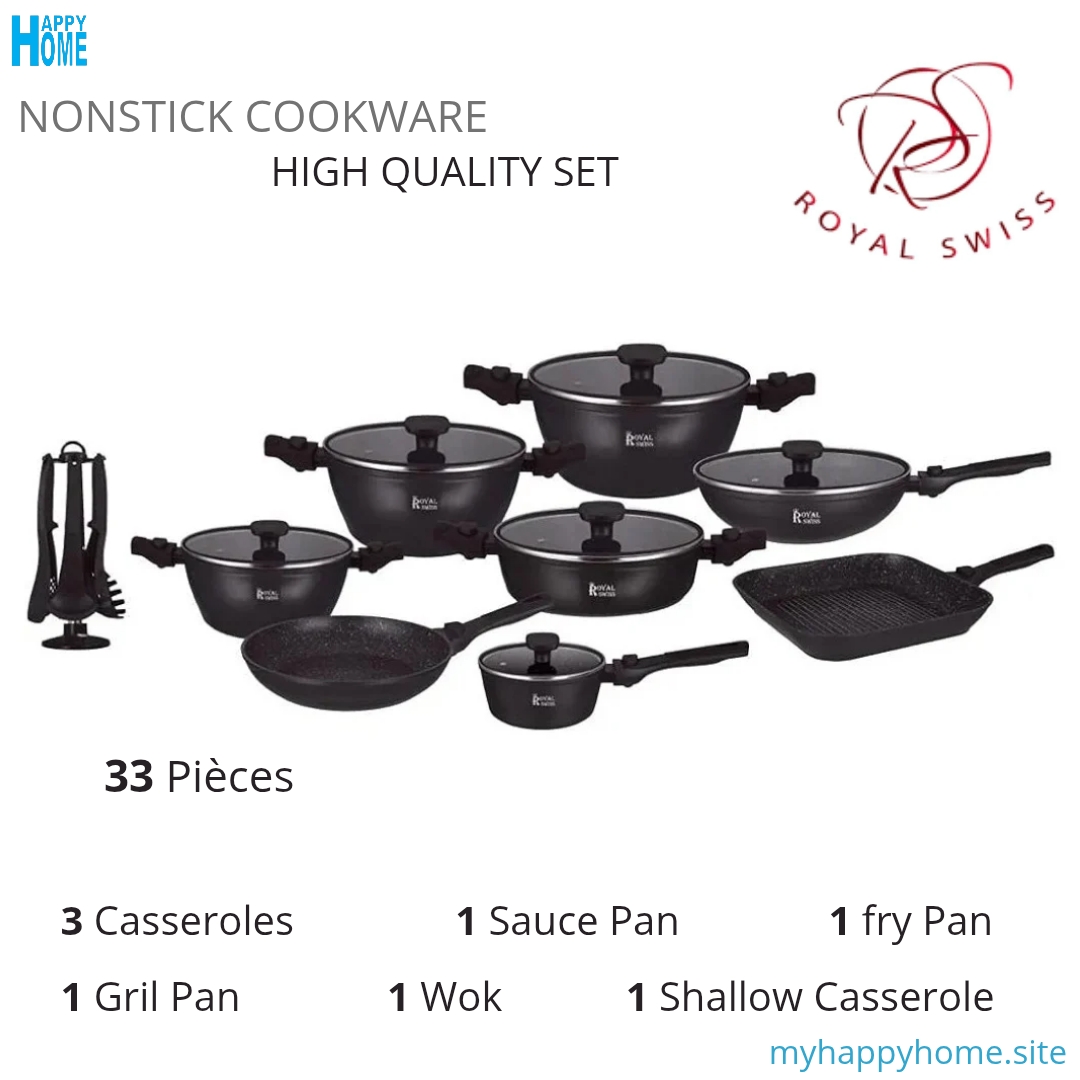 Set casseroles 33 pièces ROYAL SWISS - manche amovible - conforme aux normes européennes