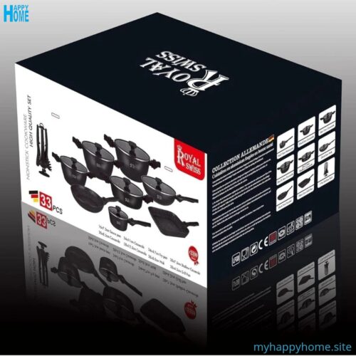 Set casseroles 33 pièces ROYAL SWISS - manche amovible - conforme aux normes européennes