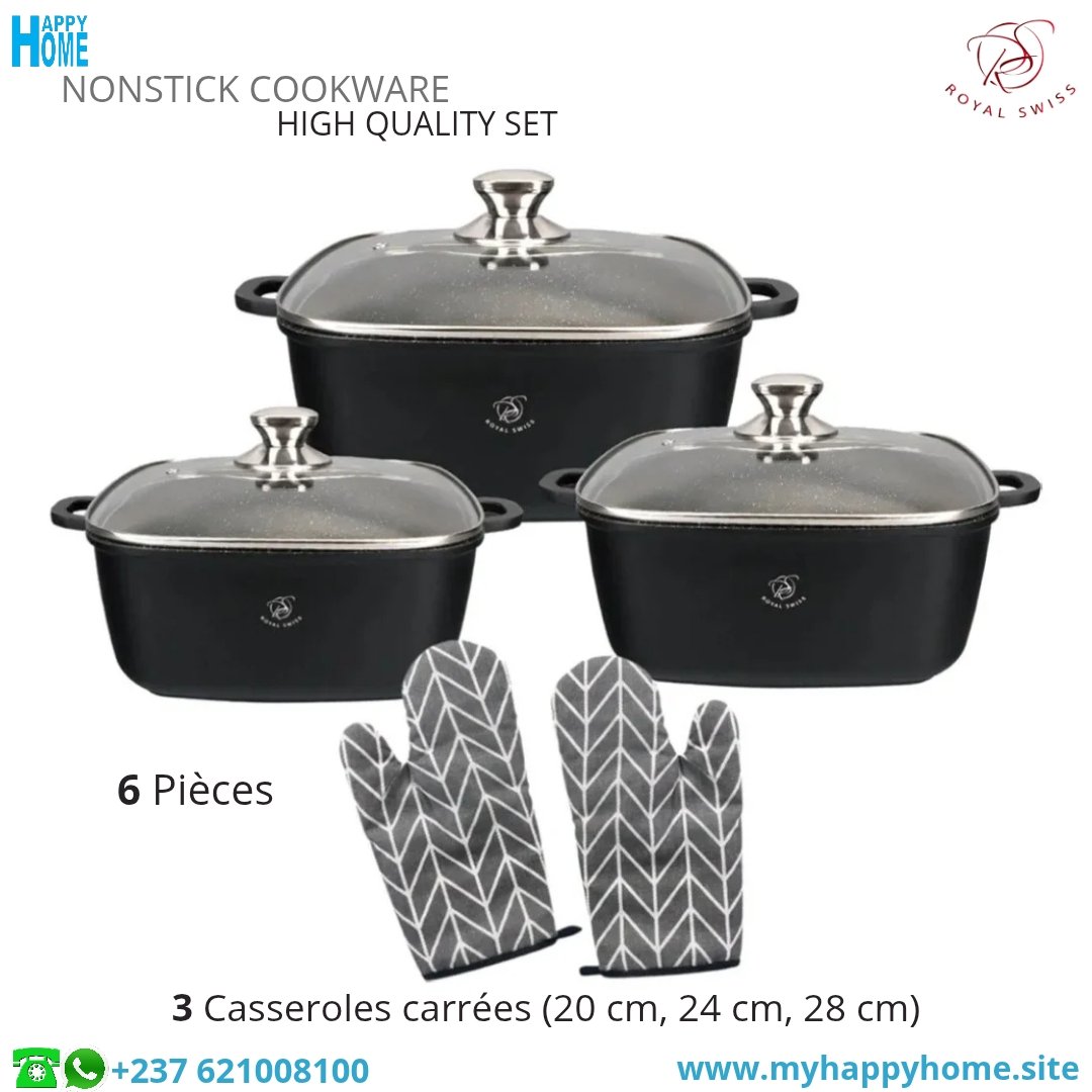 Set 3 casserole carré RS 00 Set de 03 casseroles carrées ROYAL SWISS - conforme aux normes européennes
